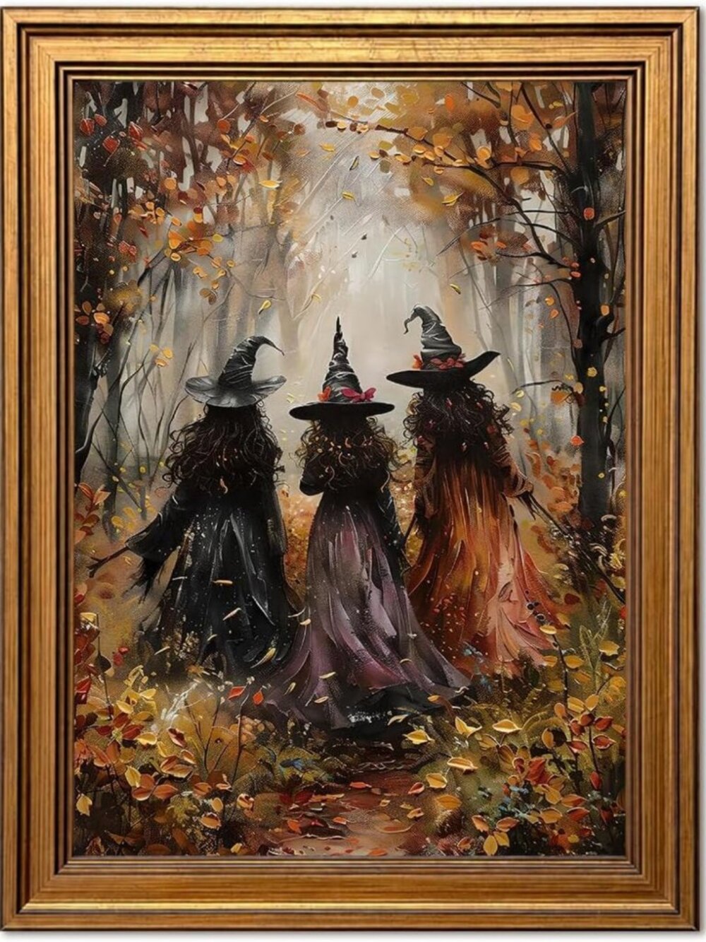 Gothic Vintage Gold Framed Halloween Canvas Art, Witchy Dark Academia Decor
